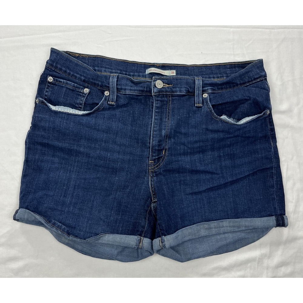 Levis Mid Length Shorts Womens 33 Dark Wash Denim Stretch Cuffed Blue 29965-0131